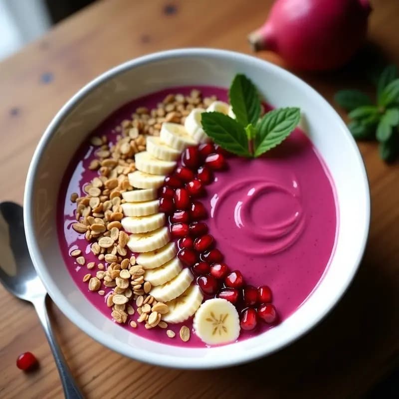Bol blanco con Smoothie Bowl de Pitaya y Plátano de color rosa vibrante, decorado con cacahuetes tostados, copos de coco y semillas de granada. Fondo con hojas de palma y luz natural, resaltando su textura cremosa y toppings crujientes.