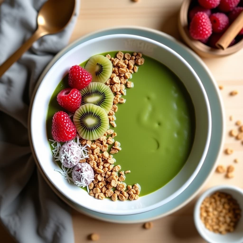 Smoothie bowl de spirulina y plátano con granola de quinoa en un bol blanco, decorado con frutos rojos, kiwi, coco rallado y semillas de chía. Desayuno superfood vegano vibrante y nutritivo.