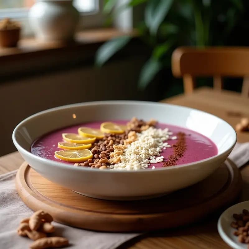 Smoothie bowl de tamarillo y avena en un bol blanco, decorado con coco deshidratado rallado, semillas de chía, almendras fileteadas y canela, sobre una mesa de madera con fondo claro.