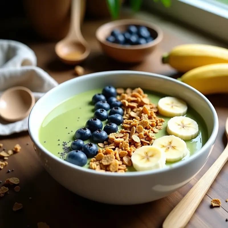Smoothie bowl energético en cuenco blanco con base cremosa de plátano y espinacas, decorado con arándanos, granola, semillas de lino y chorrito de mantequilla de cacahuete. Receta alta en proteína y sin azúcar.