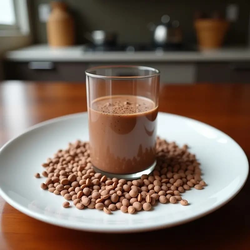 Vaso alto transparente con smoothie de cacao y avena con semillas de chía, decorado con cacao en polvo y semillas de chía espolvoreadas. Textura cremosa y color marrón oscuro, servido sobre una mesa de madera rústica con ingredientes al fondo: avena, cacao y aguacate.
