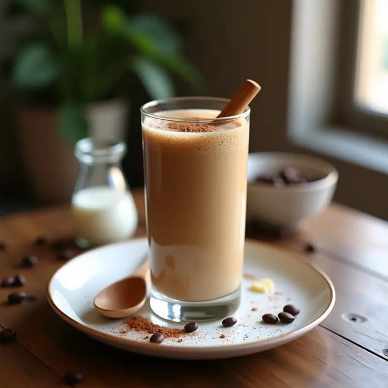 Vaso alto transparente con smoothie de café proteico, espumoso y color marrón claro, decorado con semillas de chía y canela, sobre fondo de madera rústica con granos de café y una cuchara de madera.
