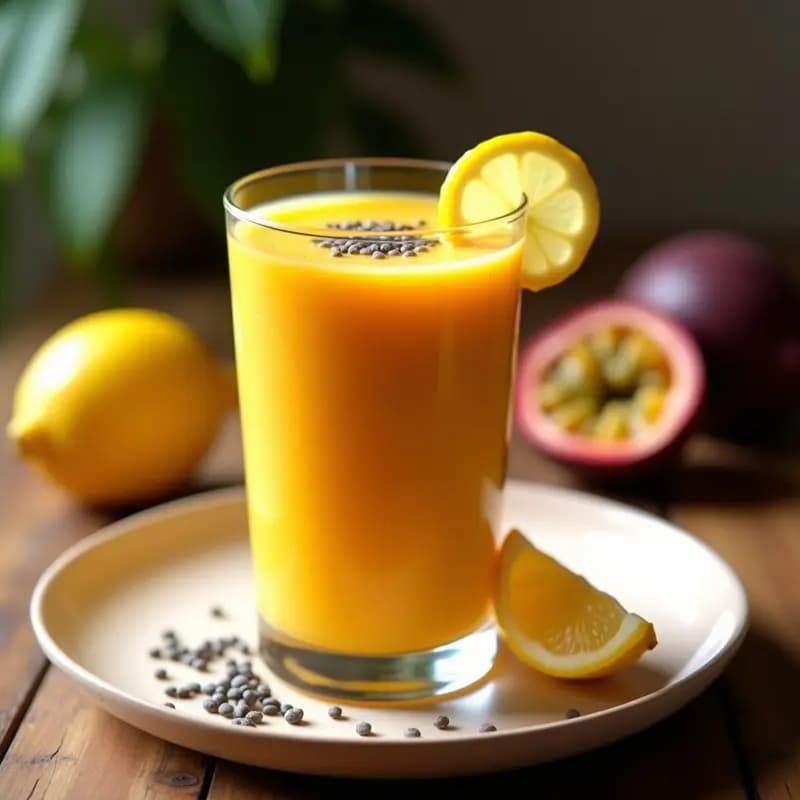 Vaso alto transparente con smoothie de camu camu, maracuyá y jengibre, bebida peruana detox de color naranja intenso, decorado con semillas de chía y una rodaja de limón.