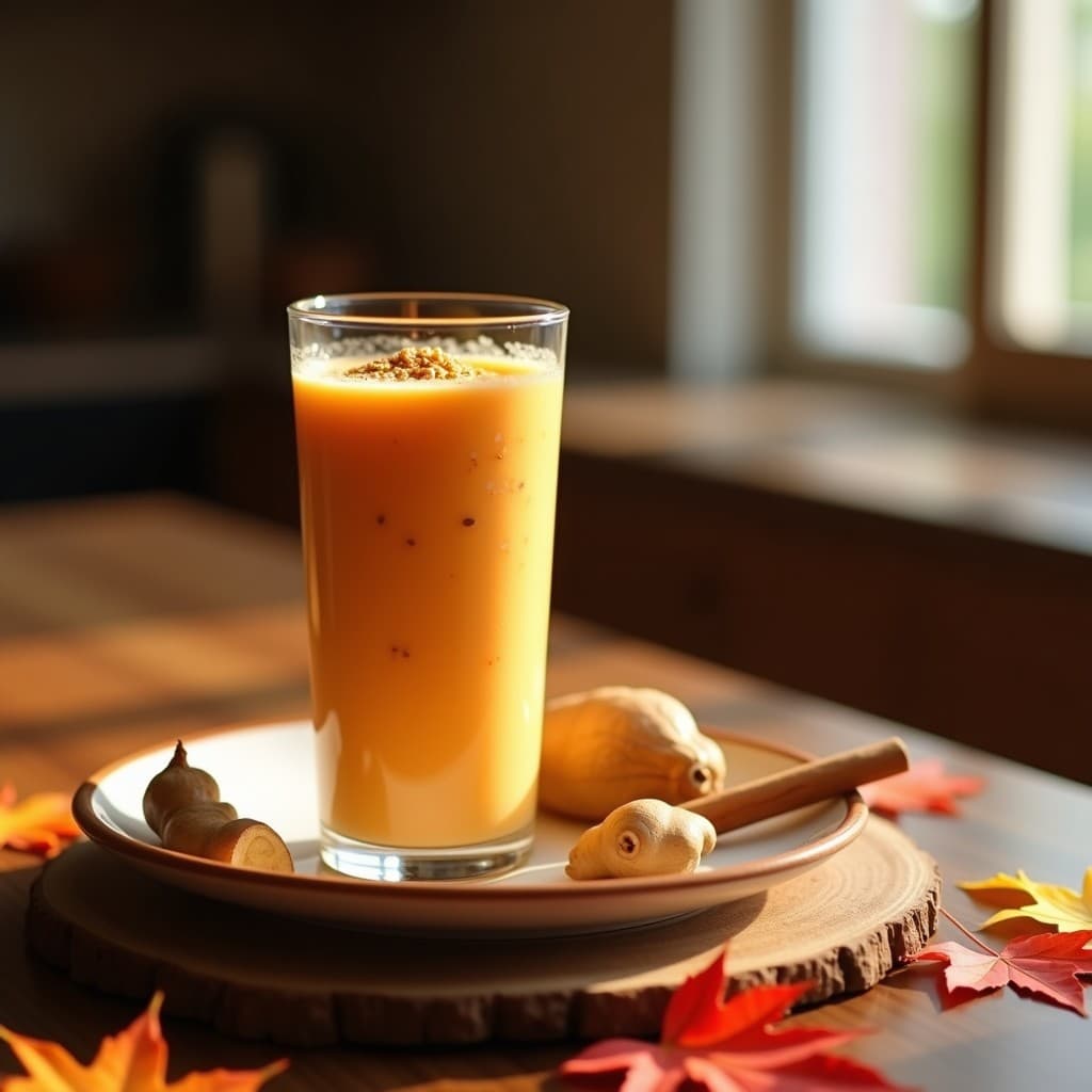 Vaso alto transparente con smoothie de caqui y jengibre, color naranja intenso, decorado con semillas de lino dorado y una pizca de canela, sobre fondo rústico de madera con hojas otoñales y una rodaja de naranja sanguina al lado.