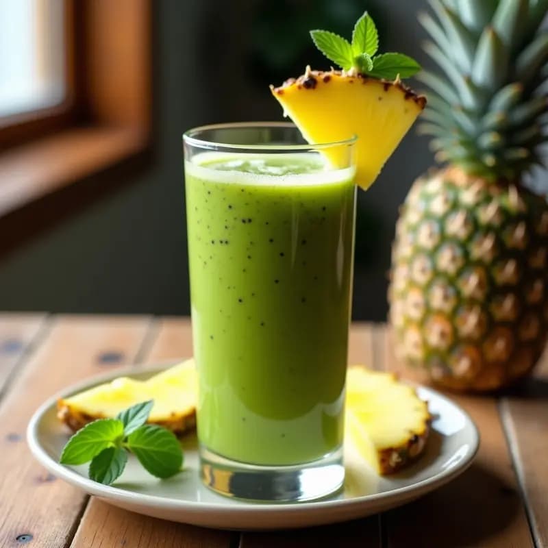 Vaso alto de cristal lleno de smoothie verde vibrante con trozos de piña fresca y semillas de chía en suspensión, decorado con una rodaja de piña y hojas de menta. Bebida detox de clorofila y piña lista para servir.