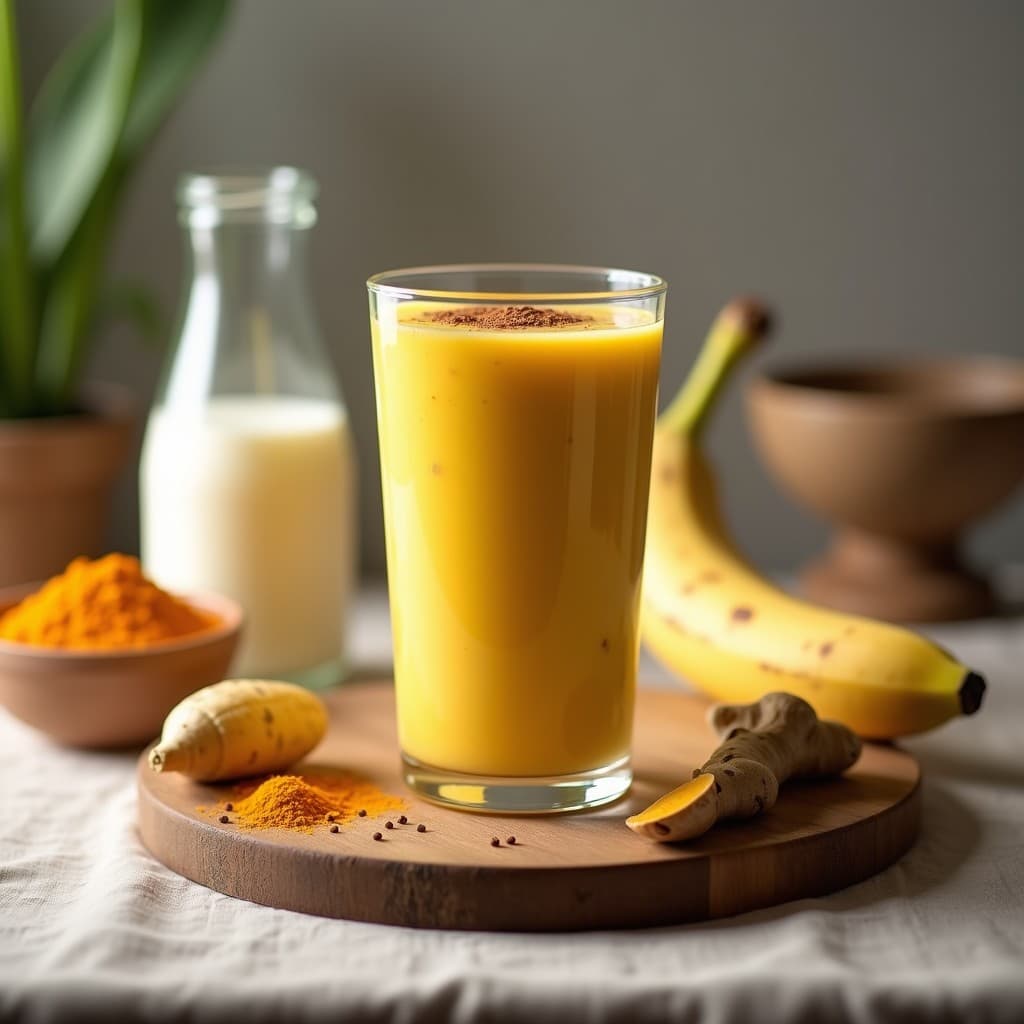 Vaso alto de cristal con smoothie cremoso de color dorado, decorado con una pizca de canela y semillas de chía, servido sobre una tabla de madera rústica con ingredientes frescos al lado: raíz de cúrcuma, jengibre, plátano y leche de almendras.