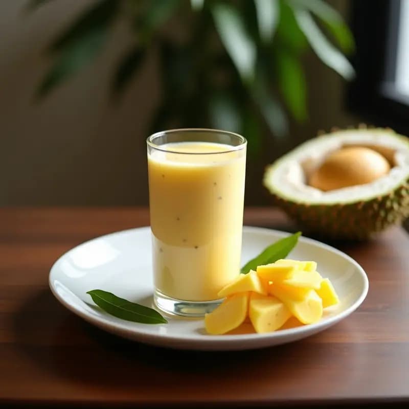Vaso alto de cristal con smoothie de durian y coco tailandés, cremoso y de color beige claro, decorado con coco rallado y semillas de sésamo tostadas. Fondo borroso con hojas de limón y un trozo de durian fresco.