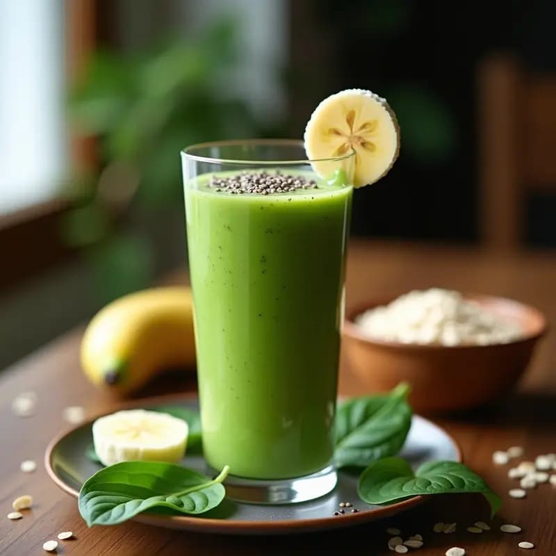 Vaso alto de cristal con smoothie energético verde esmeralda, decorado con rodajas de plátano y semillas de chía, sobre un fondo de madera rústica con hojas de espinaca fresca.
