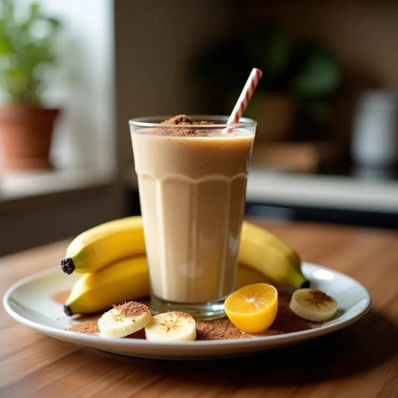 Vaso alto transparente con smoothie energético de máca y banana con café, decorado con semillas de chía y canela, sobre fondo rústico de madera.