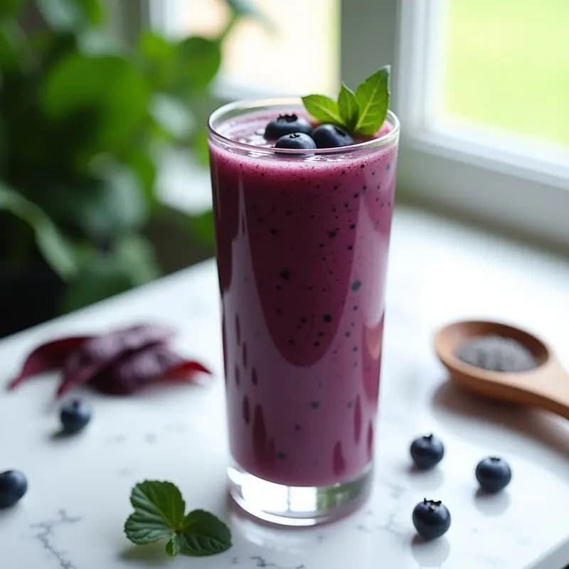 Vaso alto de cristal con smoothie de espinaca morada y arándanos, color vibrante entre morado y verde, con semillas de chía visibles en la superficie. Fondo blanco con arándanos frescos y hojas de espinaca morada como decoración. Receta de desayuno antioxidante en 5 minutos.