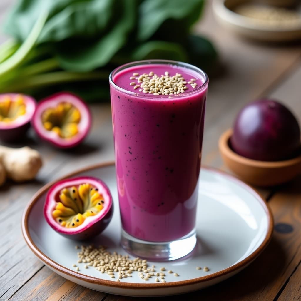 Vaso alto transparente con smoothie morado vibrante de espinaca morada y maracuyá, coronado con semillas de cáñamo. Fondo con ingredientes frescos: espinacas moradas, maracuyás abiertos y un cuenco de semillas de cáñamo.