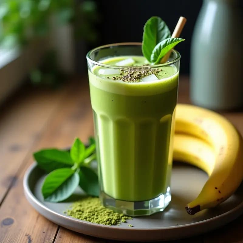 Vaso alto de cristal con smoothie verde cremoso de espinaca y plátano, espolvoreado con matcha y semillas de chía, sobre fondo de madera con hojas de espinaca frescas.