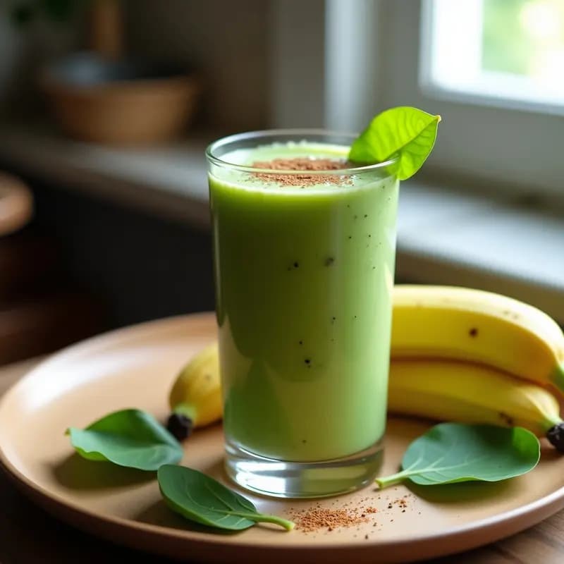 Vaso alto transparente con smoothie verde cremoso de espinacas y plátano, decorado con semillas de chía y canela, sobre fondo de madera rústica con hojas de espinaca frescas.