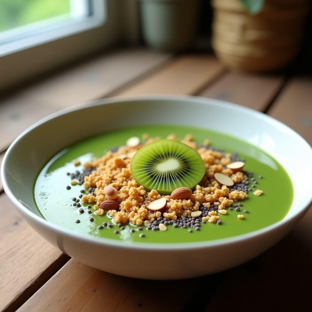 Smoothie verde espeso servido en un bol blanco con topping de granola de quinoa dorada, semillas de chía y rodajas de kiwi, sobre una mesa de madera rústica con fondo claro.