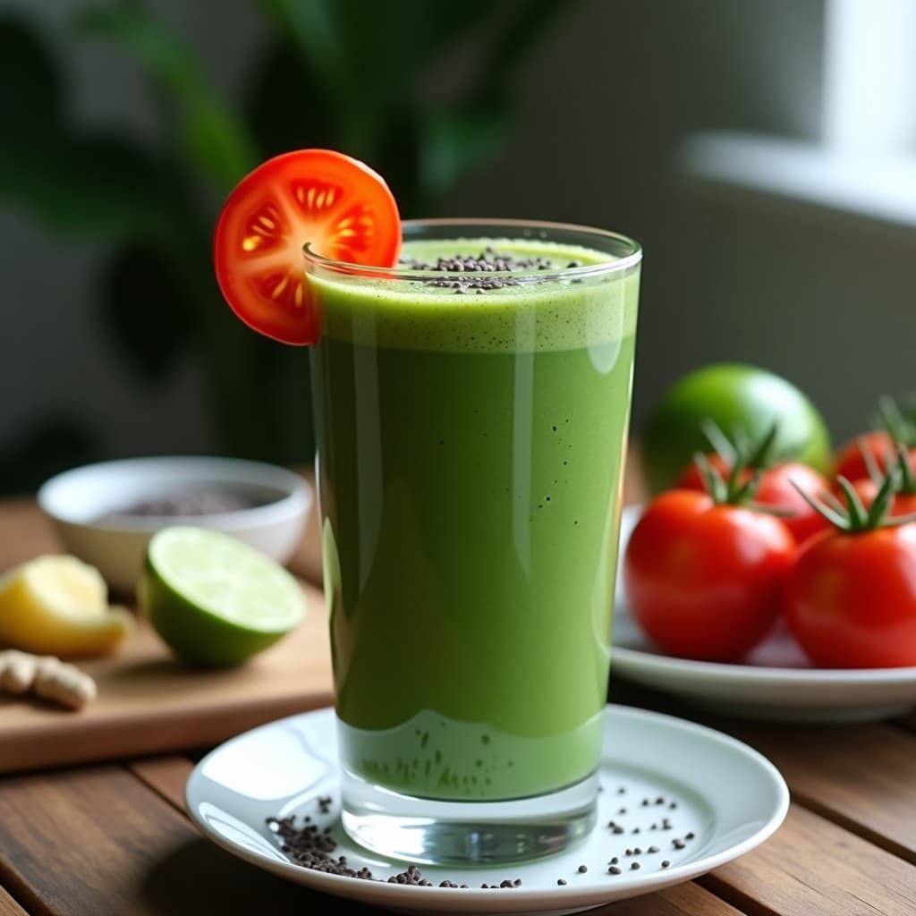 Vaso alto de cristal con smoothie verde azulado de espirulina y leche de tigre de jitomate, decorado con semillas de chía y rodaja de jitomate rojo. Fondo borroso con ingredientes frescos: jitomates, limón verde y jengibre.