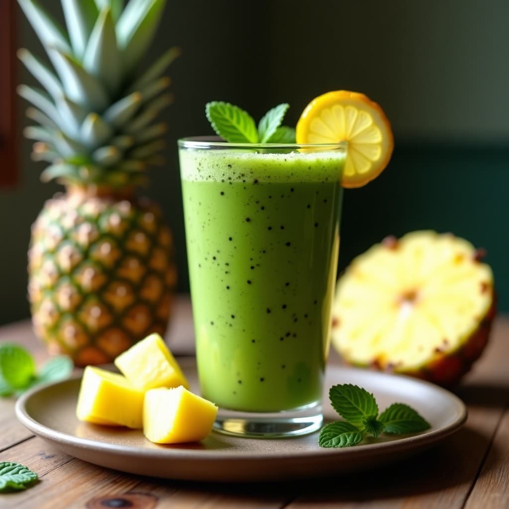 Vaso alto transparente con smoothie verde intenso de espirulina y piña, decorado con hojas de menta y rodajas de limón, servido sobre una mesa de madera con piña fresca de fondo.