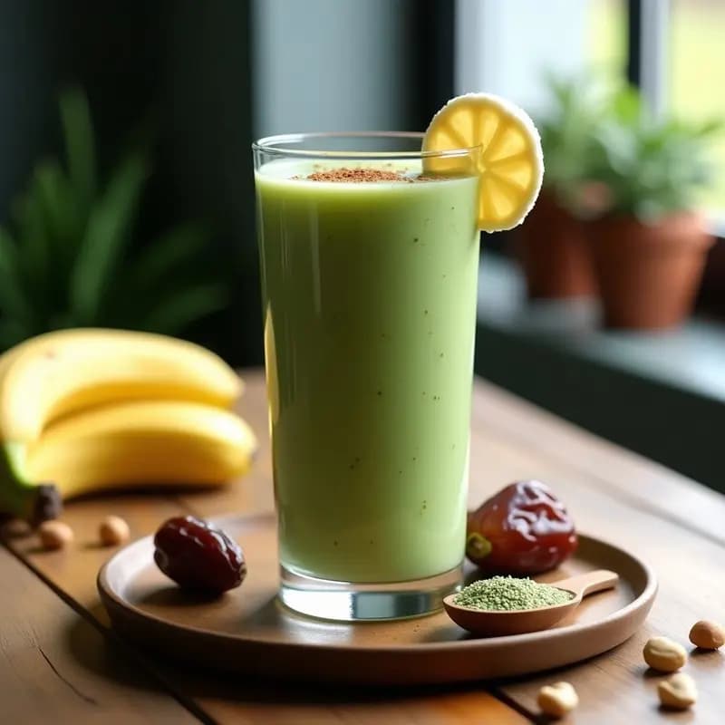 Vaso alto transparente con smoothie verde azulado de espirulina, plátano y leche de anacardos, espolvoreado con semillas de chía y canela, sobre fondo de madera con ingredientes alrededor: plátano, dátiles y cucharita de espirulina.