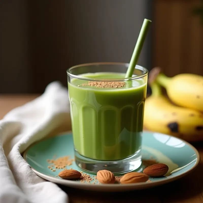 Vaso alto transparente con smoothie de espirulina, plátano y leche de almendra, de color verde suave con espuma cremosa en la superficie, decorado con una rodaja de plátano y semillas de chía, sobre una mesa de madera con ingredientes al lado.