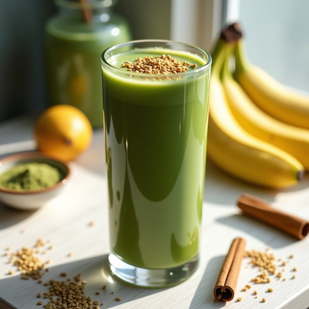 Vaso alto transparente con smoothie verde espeso de espirulina, plátano y leche de cáñamo, decorado con semillas de lino y una pizca de canela, sobre fondo de madera clara con ingredientes dispersos.