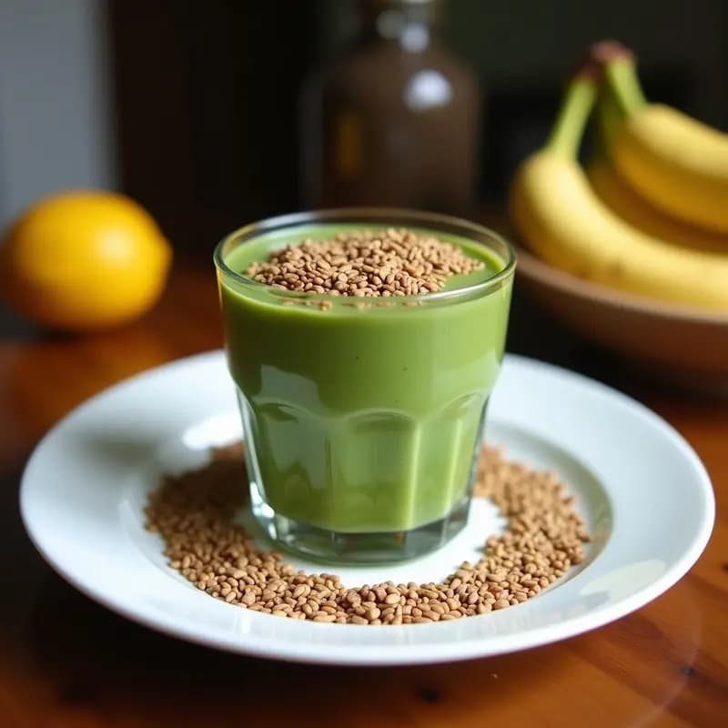 Vaso alto transparente con smoothie verde azulado de espirulina y plátano, coronado con semillas de lino doradas y una pizca de canela, sobre fondo blanco con hojas de menta y una cuchara de madera.