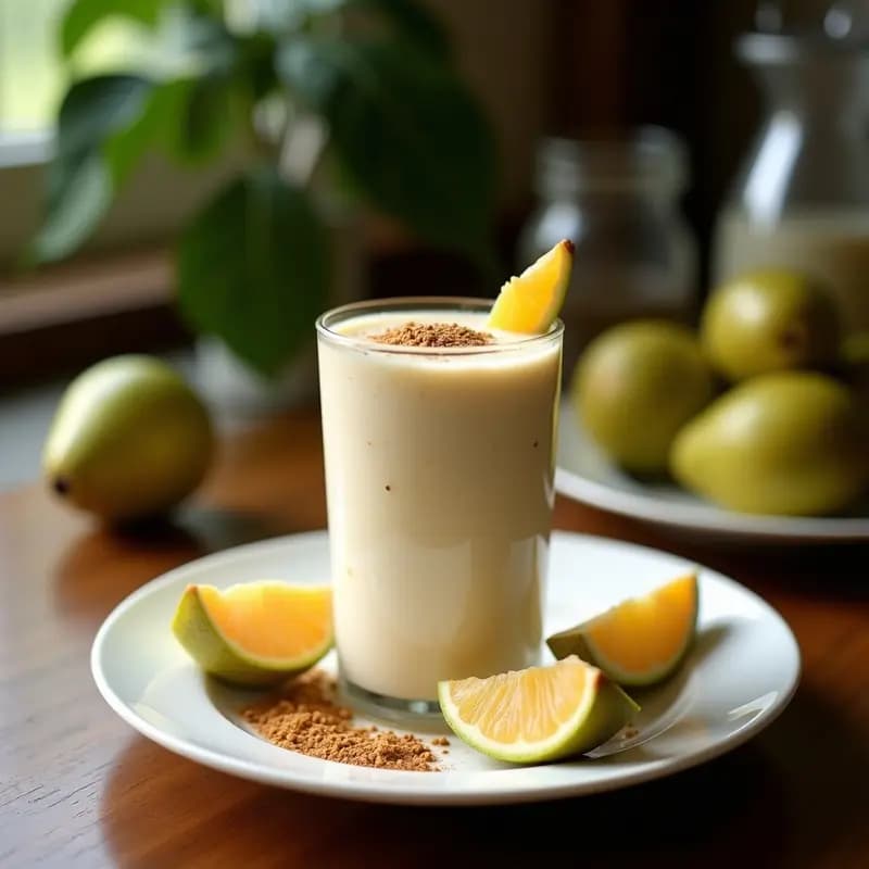 Vaso alto transparente con smoothie de guayaba y chía con leche de coco, de color crema con tonos rosados, decorado con semillas de chía y canela en polvo. Fondo claro con hojas de menta y una guayaba cortada al lado.