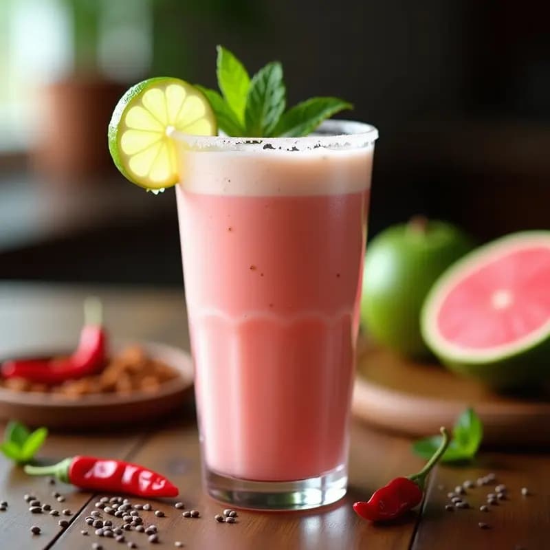 Vaso alto transparente con smoothie de guayaba y chile de árbol, de color rosado pálido con espuma blanca, decorado con rodaja de limón y hoja de menta, sobre fondo de madera rústica con semillas de chía y chile de árbol esparcidos.