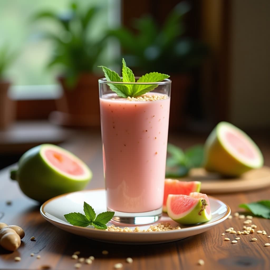 Vaso alto transparente con smoothie de guayaba y jengibre, de color rosado pálido, decorado con hojas de menta fresca y semillas de sésamo tostadas. Fondos de guayabas cortadas y rodajas de jengibre sobre una mesa de madera rústica con luz natural de verano.
