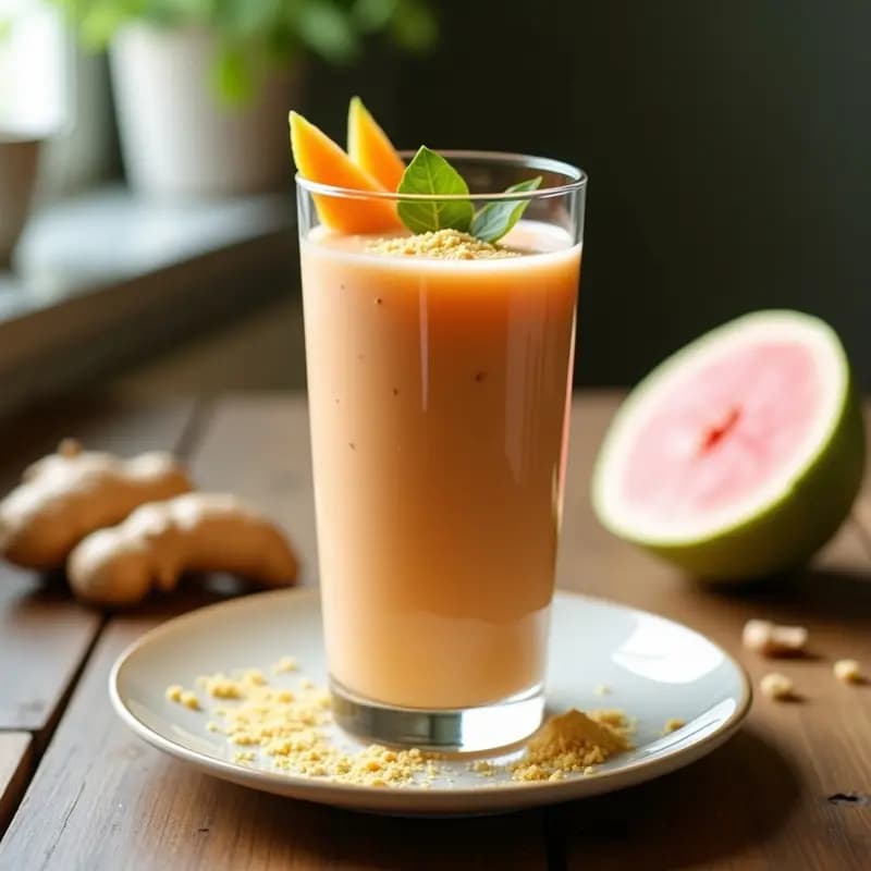 Vaso alto de cristal con smoothie cremoso de color rosado-amarillento, decorado con rodajas de guayaba fresca y un toque de jengibre rallado, con un fondo de cocina casera y luz natural.