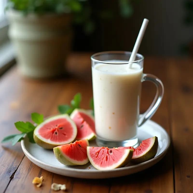 Vaso alto transparente con smoothie de guayaba y kéfir de coco, de color rosado cremoso, decorado con semillas de chía y una rodaja de plátano. Bebida probiótica energética con fondo de cocina casera.