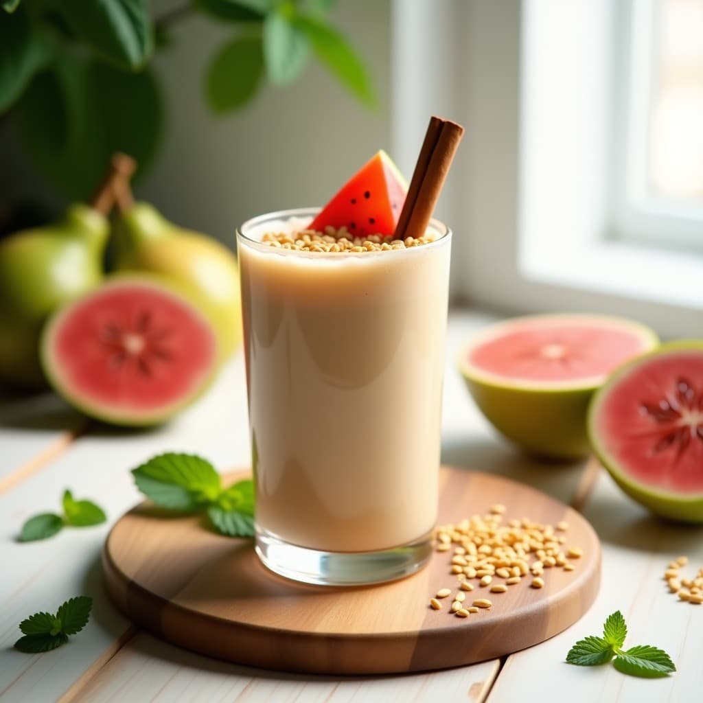 Vaso alto de cristal con smoothie cremoso de color beige claro, decorado con una rodaja de guayaba fresca, semillas de linaza dorada espolvoreadas y una ramita de canela en la orilla. Fondo con hojas de menta y luz natural suave.