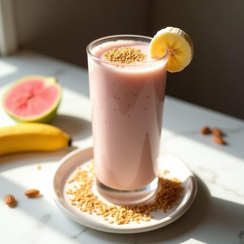 Vaso alto transparente con smoothie de guayaba, plátano y semillas de lino, de color rosado claro con textura cremosa, decorado con semillas de lino espolvoreadas y una rodaja de plátano al lado. Desayuno tropical saciante sobre fondo blanco.