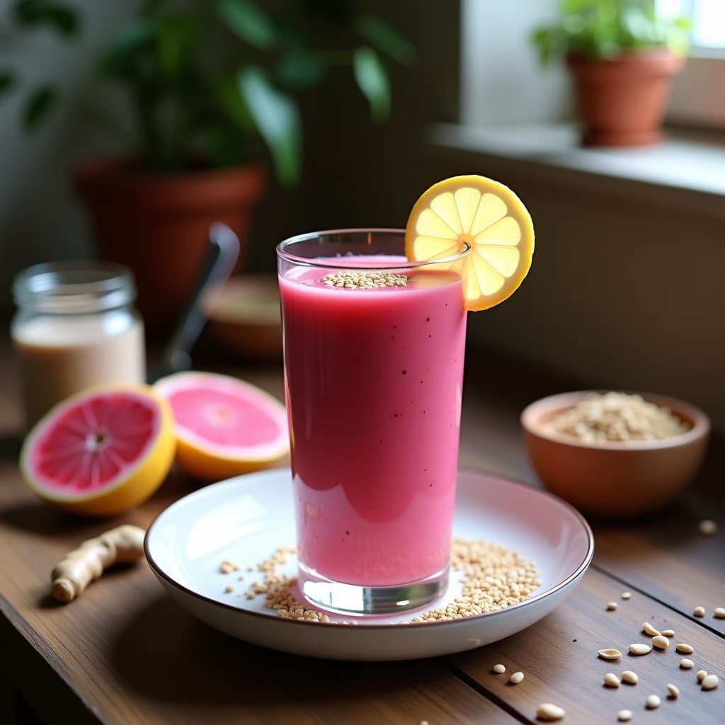 Vaso alto transparente con smoothie de guayaba rosa y jengibre, decorado con semillas de amapola y una rodaja de limón, sobre una mesa de madera con ingredientes al fondo: guayabas rosas, jengibre fresco y yogur de coco.
