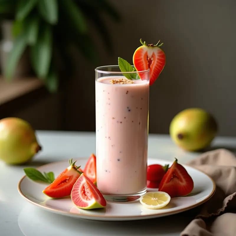 Vaso alto transparente con smoothie cremoso de guayaba y yogur de coco, decorado con semillas de girasol tostadas y una rodaja de guayaba, sobre fondo de madera rústica con hojas de coco dispersas.