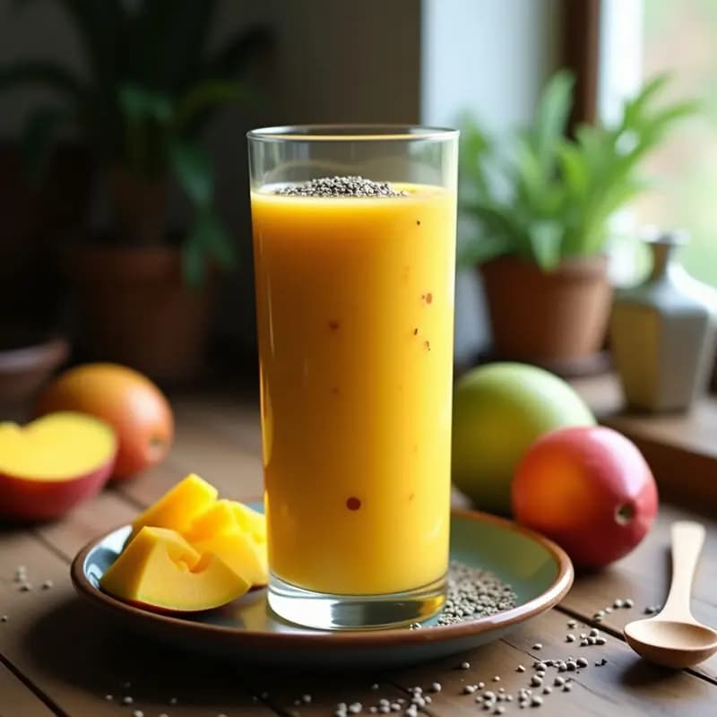 Vaso alto transparente con smoothie de kath y mango, de color amarillo cremoso, decorado con semillas de chía y granos de hinojo. Fondo con mangos frescos y una cucharita de madera.
