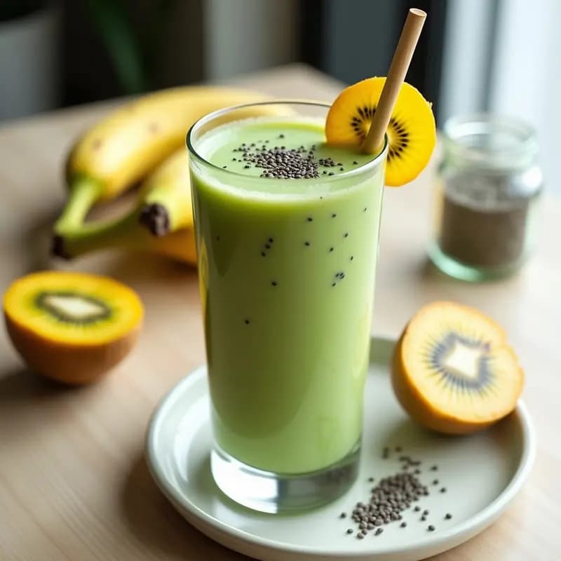 Vaso alto transparente con smoothie de kiwi dorado y espirulina, de color verde suave con vetas oscuras, servido con una pajita de bambú y decorado con rodajas de kiwi dorado y semillas de chía en la superficie. Fondo claro con ingredientes dispersos: kiwis dorados, plátano y un tarro de espirulina en polvo.