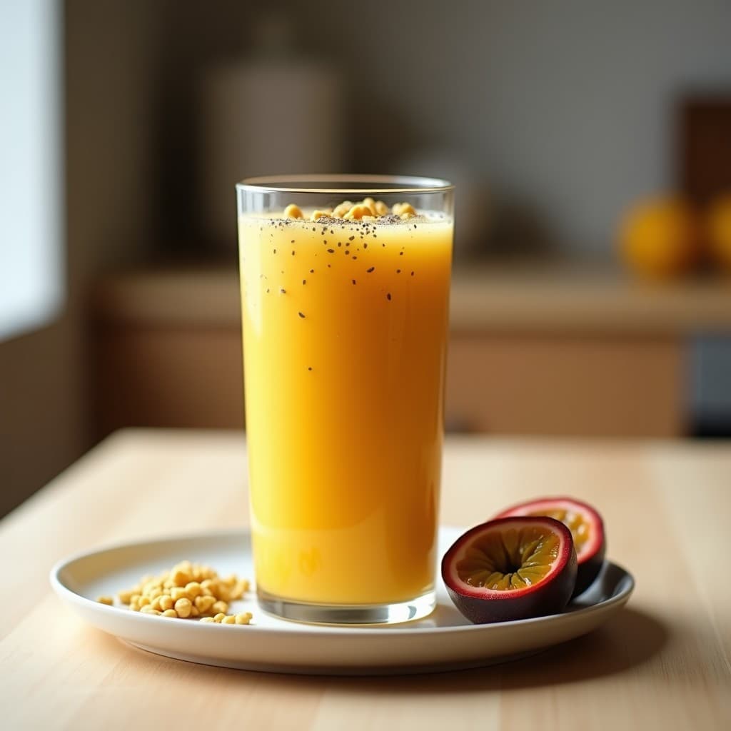 Vaso alto transparente con smoothie de kiwicha y maracuyá con semillas de chía, de color amarillo intenso con vetas naranjas, decorado con semillas de chía y kiwicha inflada. Fondo blanco con detalles rústicos de madera.