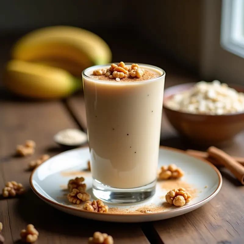 Vaso alto de cristal con smoothie cremoso de color beige claro, decorado con nueces picadas y una pizca de canela en polvo. Fondo rústico con ingredientes dispersos: plátano, avena y lúcuma en polvo.