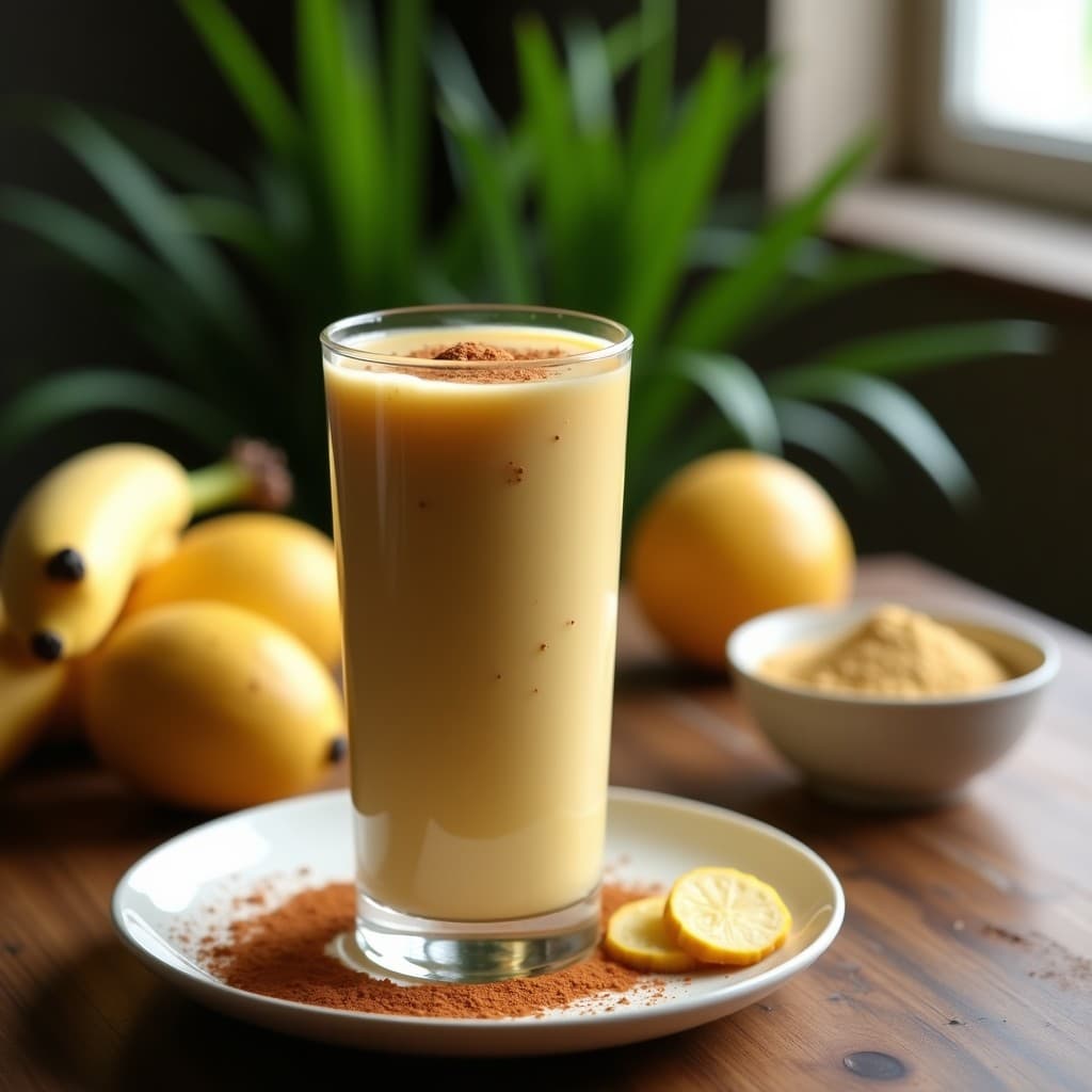 Vaso alto de cristal con smoothie cremoso de color beige dorado, coronado con una pizca de canela. Al fondo, ingredientes como pulpa de lúcuma, polvo de camu camu y leche de anacardos sobre una mesa de madera rústica. Bebida peruana energética y detox.
