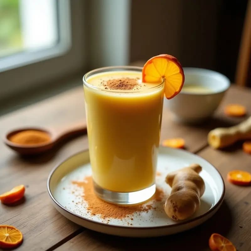 Vaso alto transparente con smoothie de lúcuma y canela sin azúcar, de color crema dorado, decorado con espolvoreado de canela y una rodaja de jengibre fresco sobre un fondo rústico de madera con hojas de lúcuma y una cucharita de madera.