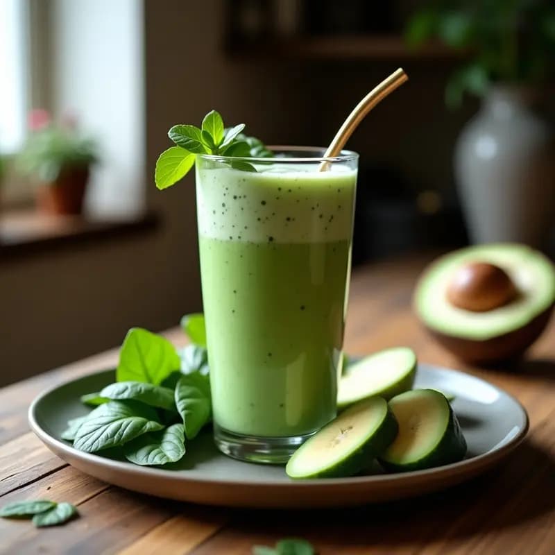 Vaso alto transparente con smoothie de lúcuma y espinacas con leche de coco, color verde claro cremoso, decorado con canela en polvo y semillas de chía por encima, sobre fondo de madera rústica con ingredientes dispersos: plátano, espinacas frescas y un saquito de lúcuma en polvo.