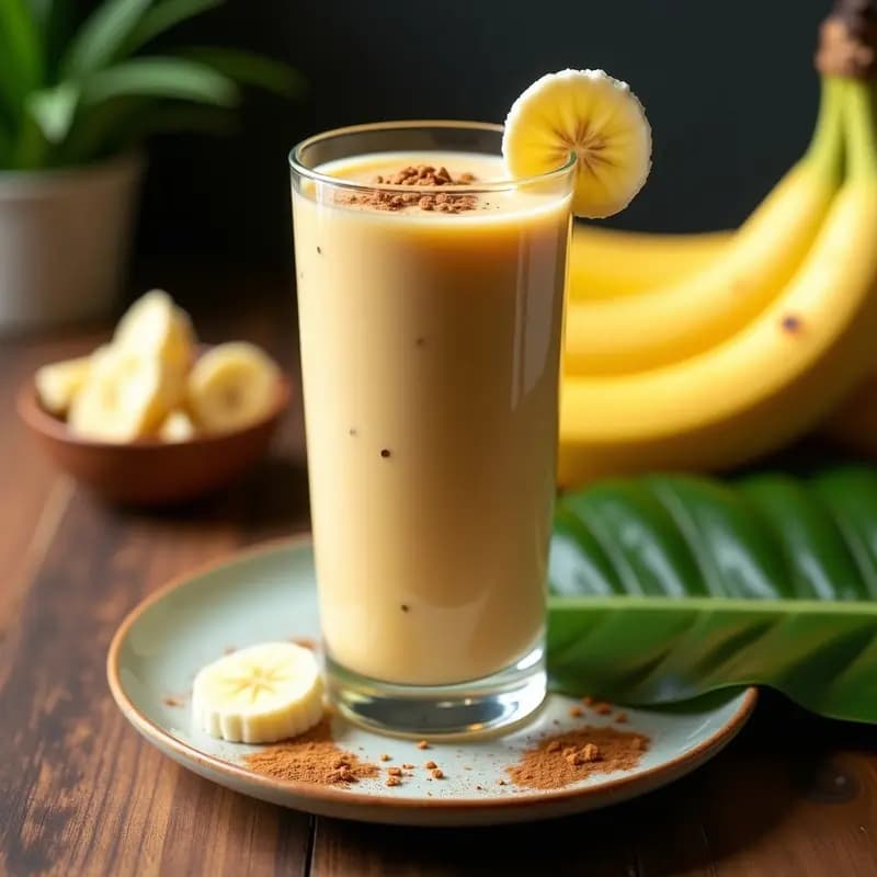 Vaso alto de cristal con smoothie de lucuma y plátano, espeso y cremoso, coronado con semillas de chía y una pizca de canela. Fondo con hoja de plátano y pulpa de lúcuma deshidratada. Batido peruano energético sin lácteos.