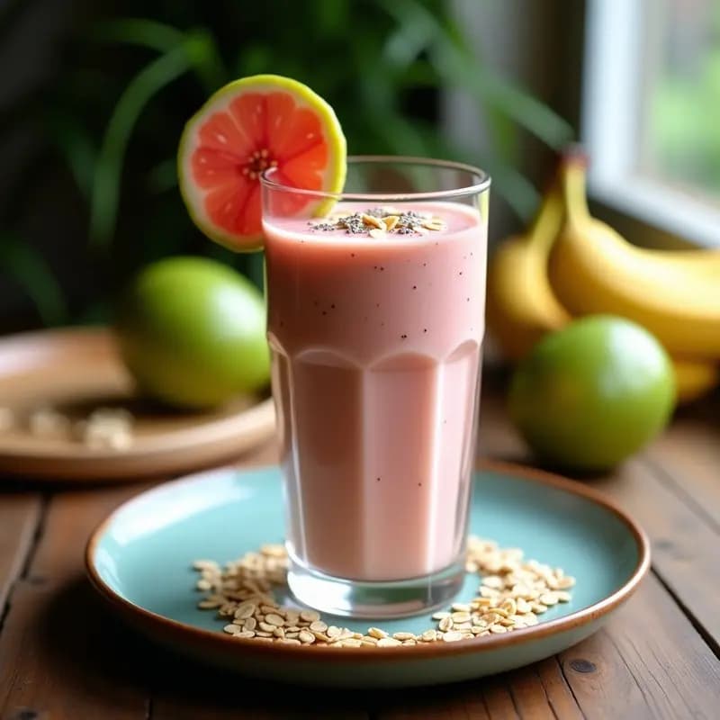 Vaso alto transparente con smoothie de machete y guayaba, de color anaranjado vibrante, decorado con semillas de chía, rodajas de limón machete y avena tostada espolvoreada. Fondo rústico con hojas de guayaba y luz natural.