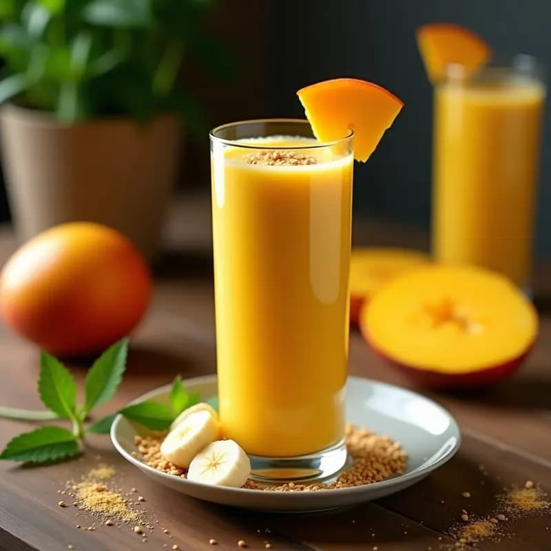Vaso alto de cristal con smoothie cremoso de color amarillo intenso, decorado con semillas de linaza dorada y una rodaja de mango atajado. Al fondo, una pizca de chile en polvo espolvoreado y hojas de menta fresca. Bebida peruana energética lista para servir.