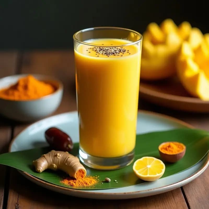 Smoothie de Mango, Avena y Cúrcuma servido en vaso de cristal alto con hielo, decorado con semillas de sésamo negro y un espolvoreado de cúrcuma en polvo. Fondo con hojas de plátano y especias ayurvédicas como cardamomo y jengibre fresco.