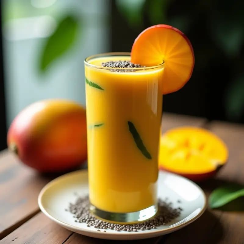 Vaso alto de cristal con smoothie de mango y chía, color amarillo vibrante con vetas verdes de espinacas, decorado con semillas de chía en el borde y una rodaja de mango. Receta de desayuno energético rápido.