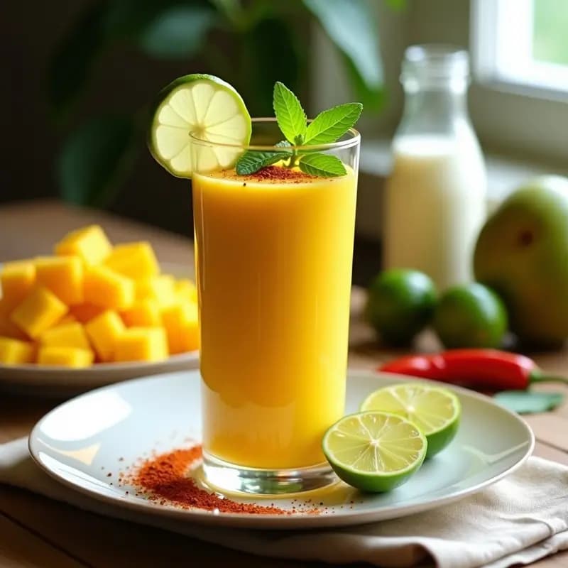 Vaso alto de cristal con smoothie cremoso de color amarillo dorado, decorado con rodaja de lima, hojas de menta y un espolvoreado de chile en polvo. Fondo con ingredientes: mango en cubos, chile rojo fresco, jengibre rallado y semillas de chía. Estilo rústico y fresco, iluminación natural.