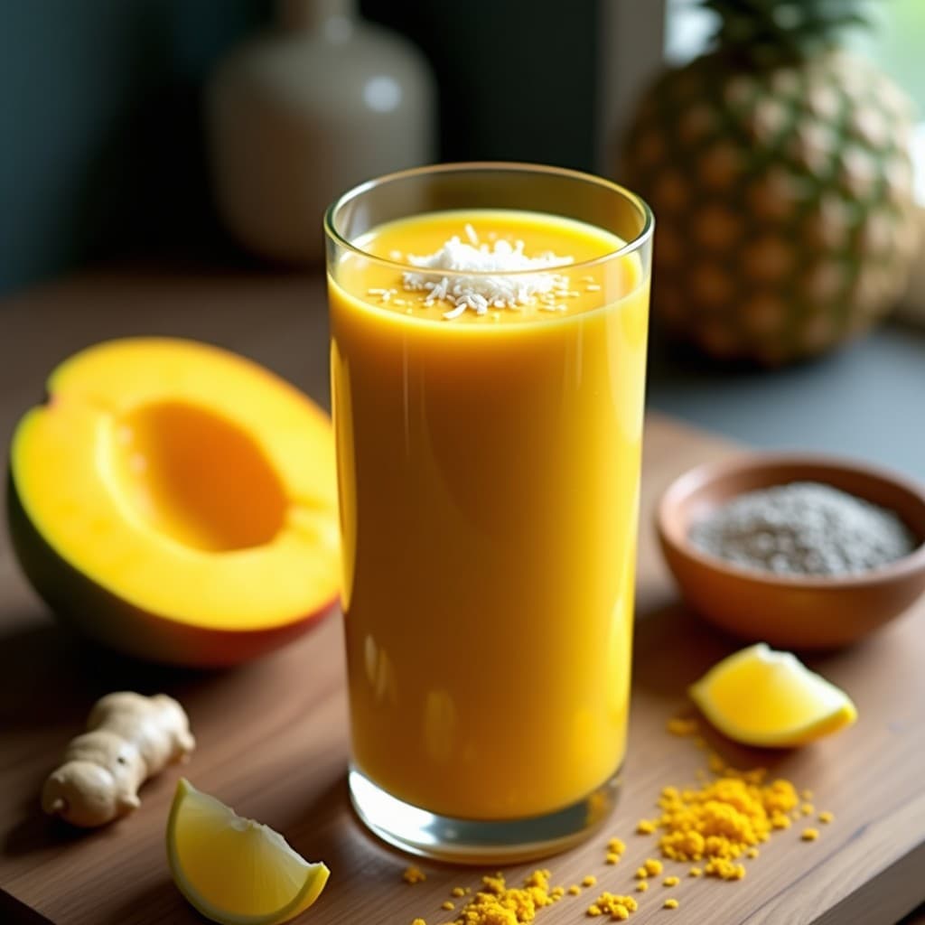 Vaso alto transparente con smoothie de mango y cúrcuma de color amarillo dorado, decorado con semillas de chía y rodaja de naranja, sobre fondo de madera rústica con hojas de menta. Receta antiinflamatoria y detox.