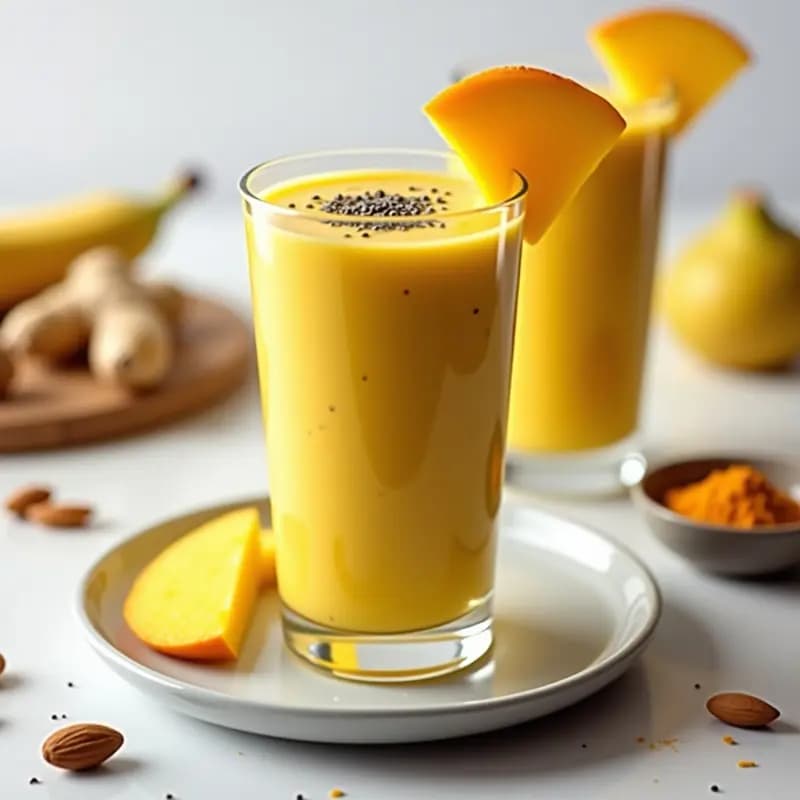 Vaso alto transparente con smoothie de mango y cúrcuma, color amarillo dorado, decorado con semillas de chía y una rodaja de mango fresco. Fondo claro con ingredientes dispersos: cúrcuma en polvo, jengibre fresco y plátano.