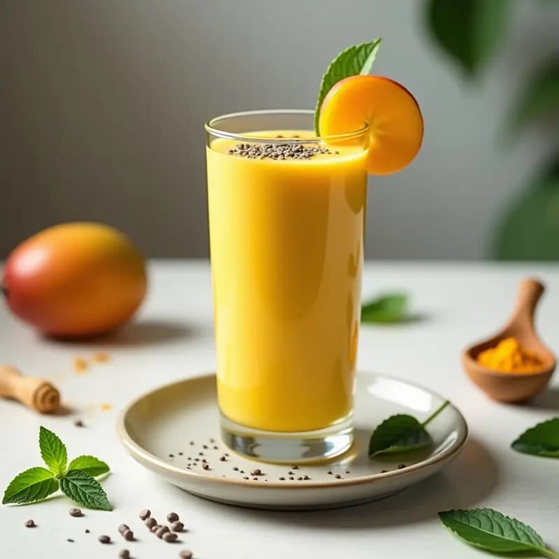 Vaso alto transparente con smoothie de mango y cúrcuma con yogur griego, textura cremosa y color amarillo dorado, decorado con rodaja de mango fresco y pizca de cúrcuma en polvo por encima, fondo de cocina tropical con hojas verdes.