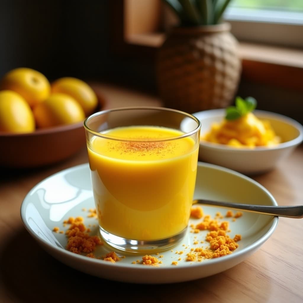 Vaso alto de cristal con smoothie de mango turmeric y coco, color amarillo dorado, decorado con coco rallado y una rodaja de limón. Fondo con ingredientes: mango, cúrcuma y leche de coco.